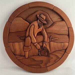 Handcrafted Unique Intarsia Wood Art Wall Plaque Decor Gold Mining Cabin Rustic